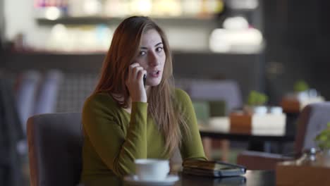 Charming-girl-is-sitting-in-a-cafe-indoors-and-talking-on-the-phone