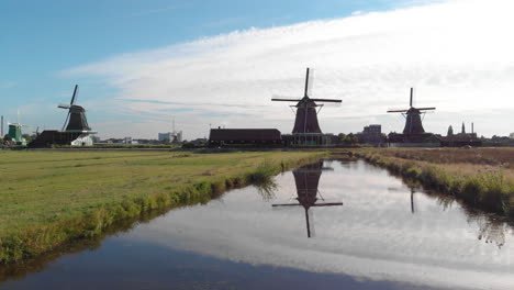 Aerial-Windmills-at-the-Zaanse-Schans,-Amsterdam,-Netherlands