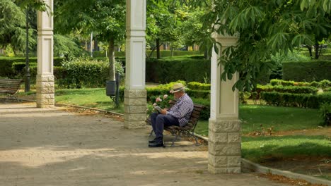 A-man-sitting-on-a-bench-in-a-park-among-columns-solving-a-crossword-puzzle