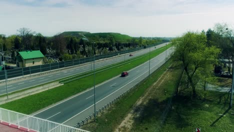 Aerial-view-of-a-multiple-lane-highway-with-noise-barrier