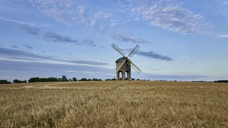 Slow-panning-timelapse-of-the-famous-historical-landmark-Chesterton-Windmill-in-a-field-of-wheat