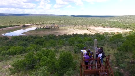 Aerial-Shot-of-Group-of-friends-Starting-to-zip-line-in-Lobatse,-Botswana