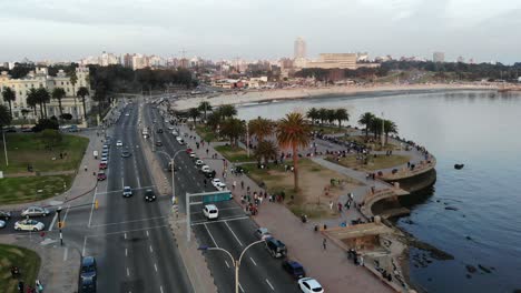 Landscape-drone-aerial-footage-of-traffic-located-in-montevideo-uruguay