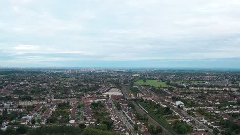Aerial-View-from-Kenton-Recreation-Ground-in-Harrow,-North-West-London-with-Wembley-Stadium-in-the-background