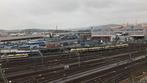 15th-Oct-2019,-Gothenburg,-Sweden:-slow-pan-video-over-train-trucks-in-the-center-of-Gothenburg-in-a-grey-winter-day