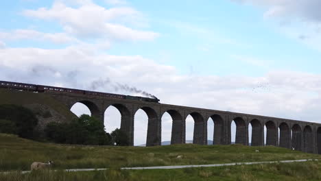 Fliegender-Schottischer-Dampfzug,-Der-An-Einem-Sommertag-Mit-Pfanne-Einen-Viktorianischen-Viadukt-Im-Yorkshire-Dales-National-Park-überquert