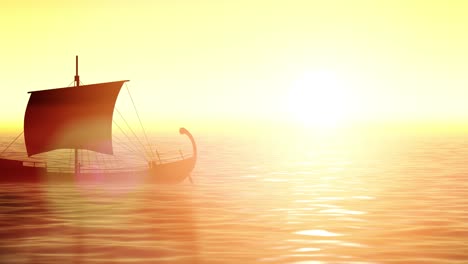 Ein-Mystisches-Segelboot,-Das-Durch-Den-Sonnenuntergang-Fährt