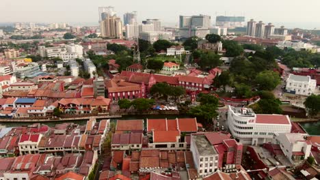 Drone-aerial-footage-in-Malacca-Old-Town,-Malaysia