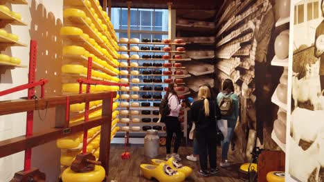 Tourist-cheese-museum-in-Amsterdam,-showing-cheese-presses-and-an-array-of-cheese-products-made-in-Holland,-Netherlands,-Europe