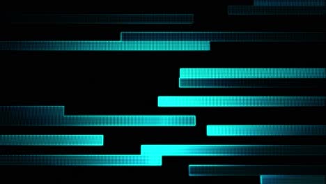 3D-animation-of-blue-rectangle-bars-moving-across-the-screen-with-flashing-and-glowing-light-squares,-and-the-camera-quickly-panning-away-from-the-surface-at-an-angle