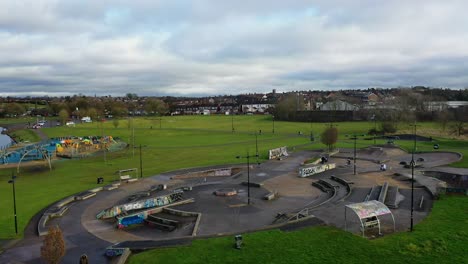 Aerial-view-of-Hanley-forest-park,-Central-forest-park,-Hanley-park,-Plaza-skatepark-in-Stoke-on-Trent-Staffordshire
