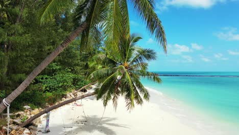 Paradise-exotic-beach-with-white-sand-under-palm-trees-with-leaves-and-coconut-seeds-on-bright-blue-sky-and-turquoise-lagoon-background