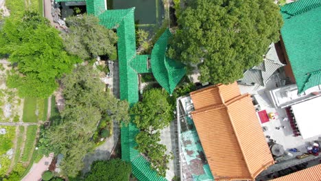 Hong-Kong-Wong-Tai-Sin-temple-gardens-and-rooftops,-Aerial-view-of-the-Great-immortal-Wong-shrine,-Downtown-Kowloon
