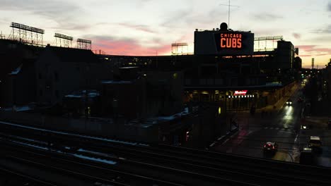 Aerial,-Wrigley-Field-with-Dramatic-Sunset-in-Background
