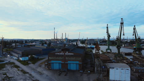 Aerial:-Drone-shot-showing-stagnation-of-shipyard-pier-harbor-in-Gdansk-during-covid19-pandemic-period