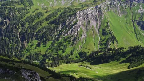 Lush-green-alpine-valley-that-merge-into-a-rugged-white-mountain-in-the-Alps-of-Austria