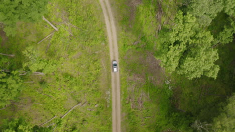 Aerial-drone-overhead-following-single-car-on-rural,-dirt-road-through-bright,-green-forest-in-central-Pennsylvania