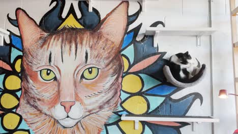 A-black-and-white-tabby-kitten-sits-perched-on-a-pet-wall-mounted-rest-by-a-large-artistic-cat-mural-in-a-cat-cafe-that’s-also-a-rescue-shelter-and-animal-adoption-agency