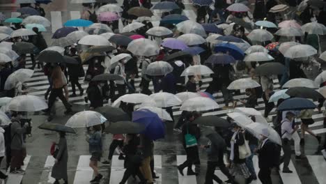 People-With-Umbrellas-Dashing-On-The-Street-In-Tokyo,-Japan---Shibuya-Crossing-On-A-Rainy-Weather---hyperlapse