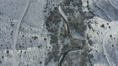 Overhead-drone-shot-of-snowy-river