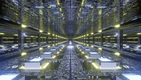 Motion-graphics-sci-fi:-travel-slowly-inside-futuristic-long-grey-speckled-glass-reflecting-tunnel-with-raised-small-boxes-and-mirrored-walls-towards-white-blinking-light
