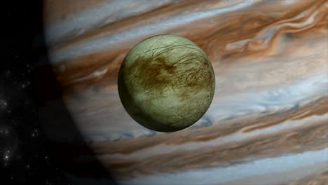 Bellamente-Detallada-Escena-Espacial-3d-Cgi-Acercándose-A-La-Luna-Europa-De-Júpiter,-Con-La-Enorme-E-Impresionante-Forma-De-Júpiter-En-El-Fondo