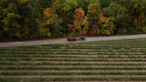 Aerial-view-of-a-tractor-driving-along-the-vineyard