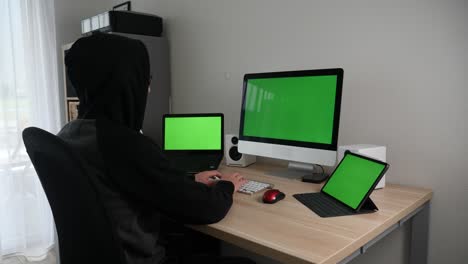 Hacker-programmer-working-tirelessly-on-green-screens