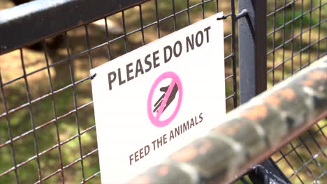 Please-do-not-feed-the-animals-signage-at-zoo,-high-angle-continuous-shot