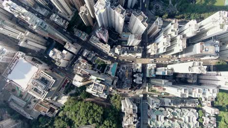 Downtown-Hong-Kong-city-skyscrapers-and-urban-traffic,-Aerial-view