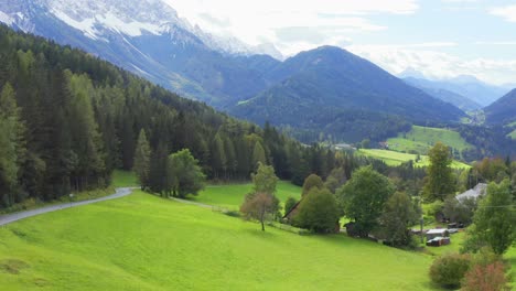 Aerial-Over-Lush-Green-Valley-In-Schaidasatte,-Austria