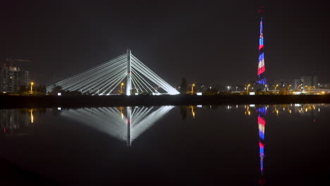 Ciurel-bridge-and-STS-tower,-night-scene,-Bucharest-Romania