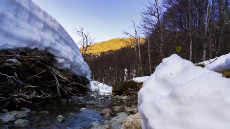 TImelapse-of-Teno-stream-flowing-between-rocks-and-snowy-bushes-during-sunset-at-Hielo-Azul-Hill,-El-Bolsón,-Patagonia-Argentina