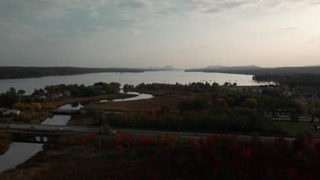 Overlooking-Lake-Memphremagog-By-The-Road-Near-Town-In-Eastern-Townships,-Quebec-Canada-During-Autumn
