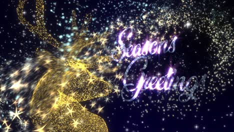 Christmas-motion-graphics-with-a-golden-Reindeer-in-a-shower-of-glittering-particles-and-the-message-�Seasons-Greetings�,-in-glowing-text