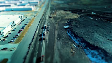 Dump-trucks-filled-with-topsoil-being-weighed---tilt-shift-or-miniature-effect-aerial-view