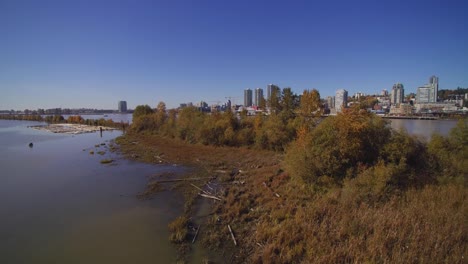 Aerial-4K-Island-in-Fraser-River-with-green-trees-city-of-new-westminster-in-background-blue-sky-bright-sunny-day