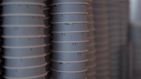 Close-Up-Of-Stacks-Of-Printed-Disposable-Coffee-Cups-In-A-Cafeteria
