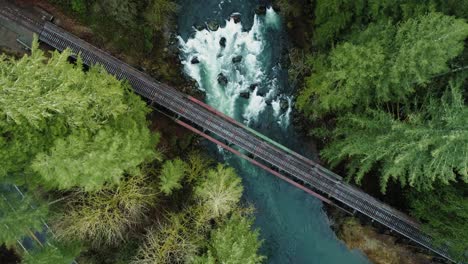 Blue-green-water-flows-between-vibrant-green-trees-under-railroad-bridge-and-through-rapids,-aerial