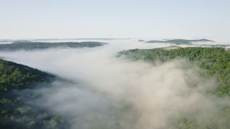 Aerial-drone-flying-forward-and-low-through-green-summer-forest-as-warm,-white-morning-fog-flows-through-the-valley-below-in-Pennsylvania