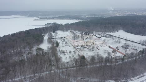 AERIAL:-Pažaislis-Monastery-in-Winter-with-Trees-Near-the-Kaunas-Reservoir