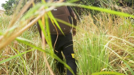 A-super-slow-motion-shot-tracking-from-behind-a-young-African-man-walking-through-tall-grass-is-rural-Africa
