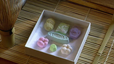 A-box-of-Japanese-rakugan-tea-sweets-is-opened