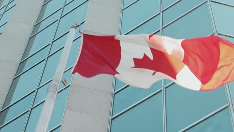 Hermosa-Bandera-Canadiense-Ondeando-Frente-A-Un-Edificio-Alto-De-Vidrio-En-El-Centro-De-Ottawa,-Ontario,-Canadá