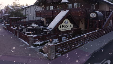 Charming-heavy-white-snowfall-on-Closed-famous-restaurant-in-Big-bear-city,-CA