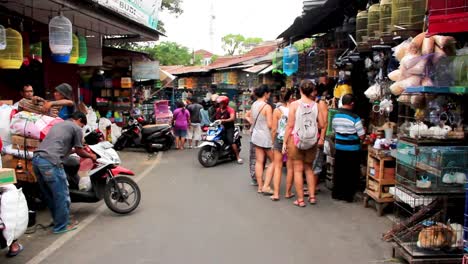 Exotic-Animal-Denpasar-Wet-Market-crowded-with-local-bikes-and-tourists-in-Bali,-Indonesia---Wide-Static-shot
