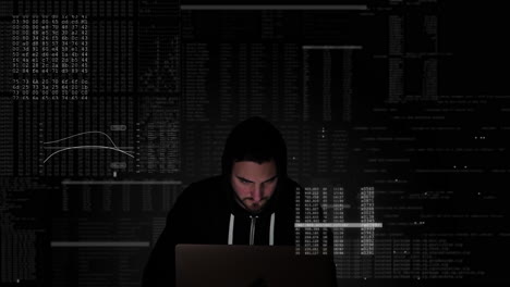 Black-hooded-hacker-in-midst-of-computer-code-is-frantically-typing-on-keyboard-of-his-system-and-infiltrating-protected-network
