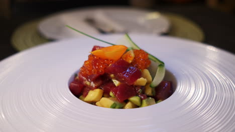 Camera-panning-around-beautifully-arranged-Spanish-dessert-containing-all-kinds-of-fruit