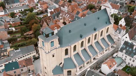 Aerial-view-of-Mechelen-city,-Belgium.-Orbiting-shot