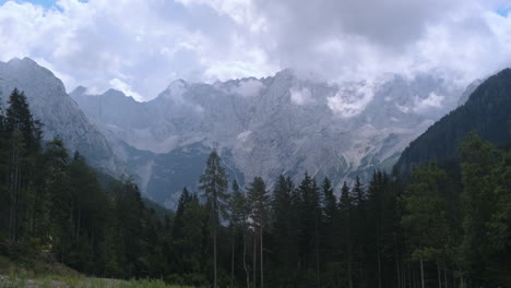 Kamnik-Savinja-Alps-from-Jezersko,-Alpine-valley-in-Slovenia,-slow-pan-left-to-right